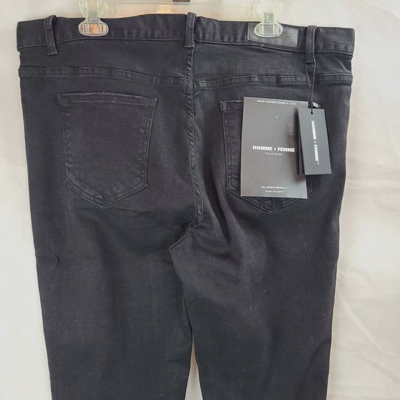 NWT HOMME + FEMME Men's (38) Black Comfort Stretch Tapered Denim Jeans --$150 - Picture 6 of 11